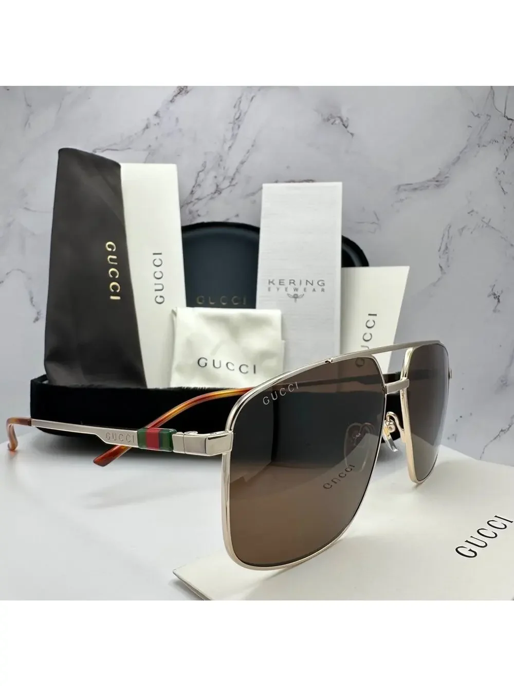 New GUCCI Sunglasses Gold Metal Square Aviator Pilot Red Green Web Logo Mens